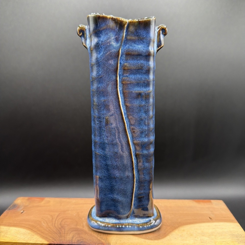 VTG Studio Art Pottery Handmade Blue Ceramic Bud Weed Vase Delicate Signed